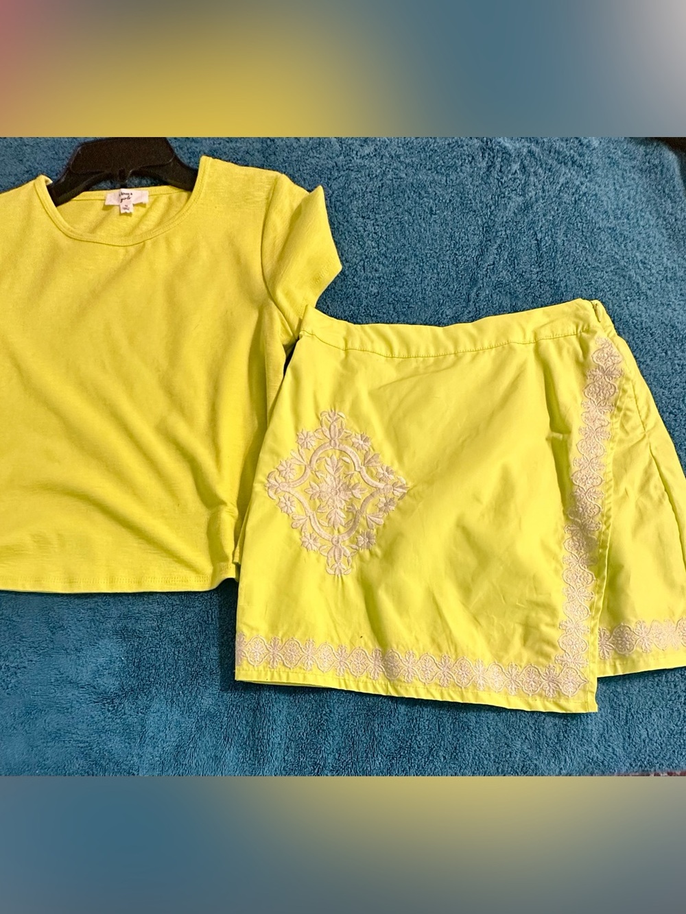 Girls Neon Lime Yellow Embroidered Matching Top & Skort Set
